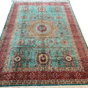 10x14 Ft Turquoise Mamluk Area Rug - Turkish Super Fine Quality Hand Knotted Veg Dye Wool Medallion Rug - Bedroom Rug - Rugs for Living Room