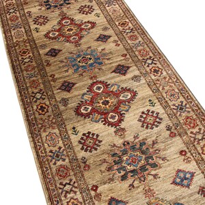 10 Ft Beige Kazak Runner Rug - Tribal Kazak Afghan Hand Knotted Veg Dyes Wool Runner Rug - Hallway Runner Rug - Kitchen Runner Rug