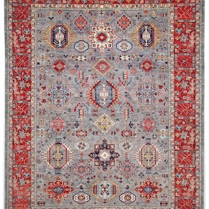 9x12 Soft Blue Karaja Area Rug - Blue Red Persian Style Afghan Hand Knotted Veg Dyes Wool Area Rug - Bedroom Rug - Rugs for Living Room