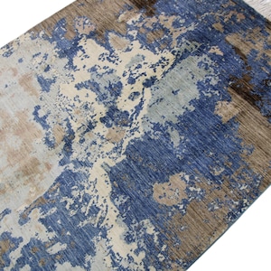 6x8 Navy Blue Modern Area Rug - Multicolor Afghan Hand Knotted Veg Dye Wool Abstract Area Rug - Rugs for Living Room - Bedroom Rug