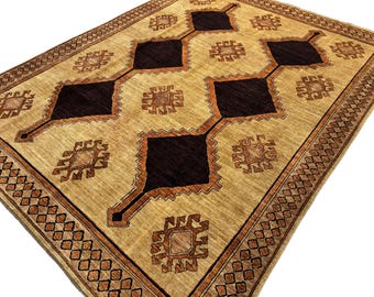 Alfombra persa beige de 8 x 10 pulgadas - Alfombra afgana beige y negra de lana teñida con tinte vegetal anudada a mano - Alfombra para dormitorio - Alfombra para sala de estar - Alfombra oriental