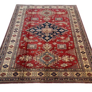 7x9 Red Kazak Area Rug - Afghan Hand Knotted Veg Dye Wool Oriental Kazak Area Rug - Rugs for Living Room - Bedroom Rug - Tribal Rug