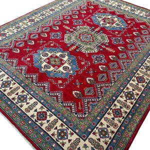 8x10 Red Kazak Area Rug - Red Beige Blue Kazak Afghan Hand Knotted Veg Dyes Wool Area Rug - Bedroom Rug - Rugs for Living Room - Tribal Rug