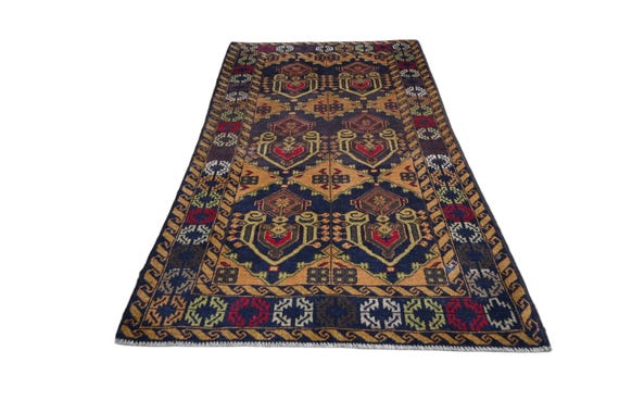 4x6 Gold Blue Baluch Area Rug - Classic Baluch Afghan Tribal Hand