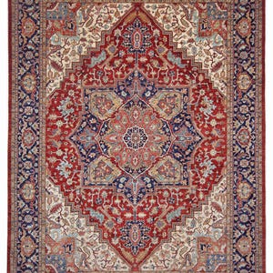 9x12 Red Blue Heriz Area Rug - Blue Red Persian Style Afghan Hand Knotted Veg Dyes Wool Area Rug - Bedroom Rug - Rugs for Living Room