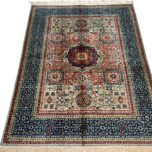 5x7 Navy Blue Mamluk Area Rug - Turkish Super Fine Quality Hand Knotted Veg Dye Wool Medallion Rug - Bedroom Rug - Rugs for Living Room