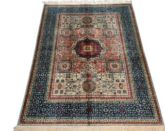 5x7 Marine Blau Mamluk Teppich - Türkischer Superfeiner Qualität Handgeknüpfter Veg Dye Wolle Medaillon Teppich - Schlafzimmer Teppich - Teppich für Wohnzimmer