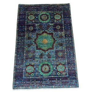 3x5 Ft Teal Mamluk Area Rug - Afghan Hand Knotted Veg Dye Wool Medallion Rug - Small Accent Rug - Door Rug - Bathroom Rug - Area Rug