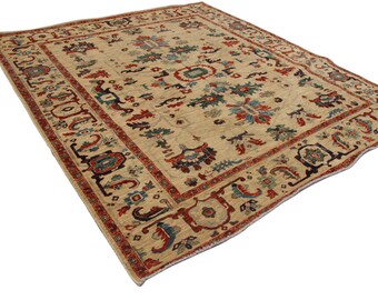 8x9 Beige Persian Area Rug - Beige Orange Oriental Afghan High Quality Hand Knotted Veg Dyed Wool Area Rug - Bedroom Rug - 8'1x9'5