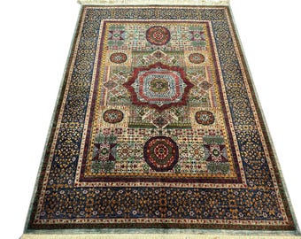 200x250 Blau Beige Mamluk Teppich - Türkischer Handgeknüpfter Wollteppich Schaf Schafwolle