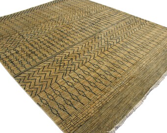 Alfombra Gabbeh de 8 x 9 con diseño beige - Alfombra Gabbeh de lana teñida con vegetales y anudada a mano con diseño tribal afgano - Alfombra para dormitorio - Alfombras para sala de estar