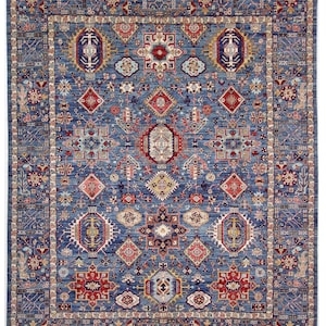 8x10 Soft Blue Karaja Heriz Area Rug - Blue Beige Persian Style Hand Knotted Veg Dyes Wool Area Rug - Bedroom Rug - Rugs for Living Room