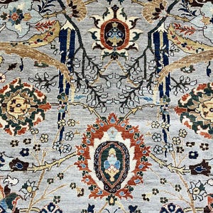 Puede incluir: Primer plano de una alfombra gris con un intrincado dise&ntilde;o floral. El dise&ntilde;o presenta un medall&oacute;n central en tonos naranja, azul y marr&oacute;n, rodeado de detallados motivos florales y de vid en varios colores. La alfombra tiene un aspecto suave y texturizado.
