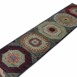 13 Ft Green Mamluk Runner Rug - Green Blue Turkish Style Hand Knotted Wool Medallion Runner Rug - Hallway Runner - Kitchen Runner - 2&#39;6x13&#39;4