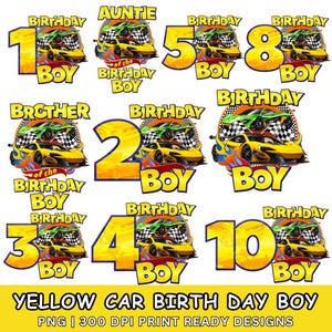 Yellow Car Birthday Boy PNG Bundle Digital Download