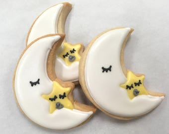 MOON and STAR Twinkle Twinkle COOKIES, 12 Decorated Sugar Cookie Party Favors