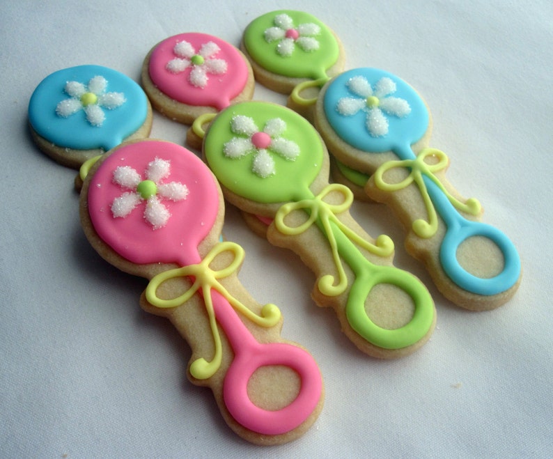 BABY RATTLE COOKIES 12 Decorated Sugar Cookie Party Favors Etsy