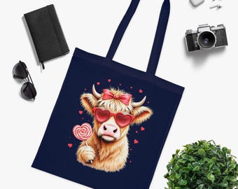 Highland Cow with Heart Sunglasses Tote | Cute Cow Holding Lollipop, Love Hearts