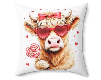 Valentine Highland Cow Pillow | Highland Cow Lover Gift | Fluffy Cow with Heart Sunglasses & Lollipop