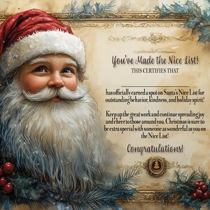 Può includere: Un biglietto di auguri natalizio festivo con un Babbo Natale di cartone animato con un cappello rosso e una barba bianca. Il biglietto recita "You've Made the Nice List!" e "This certifies that... has officially earned a spot on Santa's Nice List for outstanding behavior, kindness, and holiday spirit!"