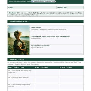 May include: A character analysis worksheet for Lord of the Flies by William Golding, featuring a header with the title Ralph, a section for student details, and a table titled Evidence Tracker with columns for quote, page, line, reveals, and how you know.