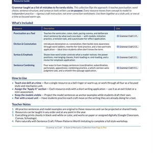 May include: A white document titled Grammar as Craft Resource Guide featuring a table with four rows: Punctuation as a Tool, Diction & Connotation, Syntax & Emphasis, and Sentence Combining. It includes sections for What's Included, How to Use, and Teacher Notes.