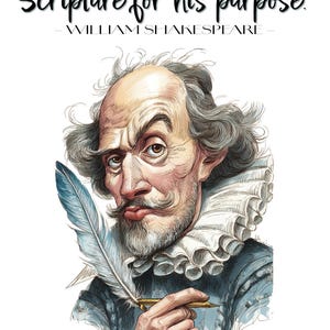 Op de afbeelding: Illustratie van William Shakespeare met een pen, met de quote "De duivel kan de Schrift aanhalen voor zijn doel." De afbeelding bevat ook de tekst "CONSIDER THE SOURCE."