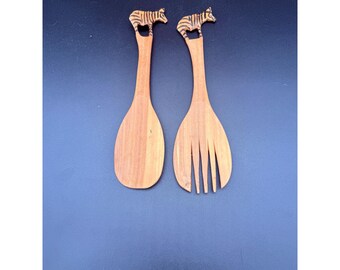 Juego de servir ensalada de cebra de madera tallada a mano, 2 piezas, cuchara y tenedor.