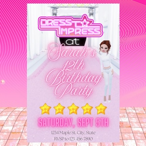 Plantilla de invitación de cumpleaños de Roblox Dress to Impress, editable, imprimible, personalizable, descarga instantánea, invitación a fiesta de cumpleaños, tarjeta DIY