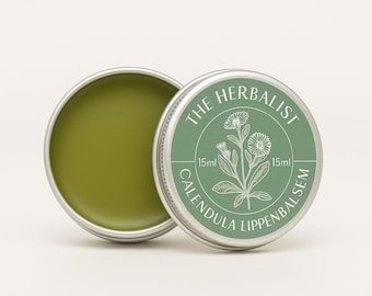 Bálsamo labial de caléndula hecho a mano: cera de abejas natural, aceite de oliva y vitamina E.