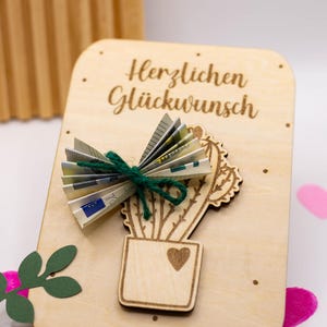 Geschenkidee Geldgeschenk Wunscherfüller Geschenkkarte Glückwunschkarte Holzkarte Blumentopf Personalisierbar Grußkarte Kaktus Geburtstag