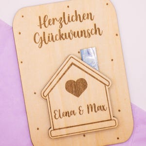 Geschenkidee für Einzug Umbau Hausbau Geldgeschenk Wunscherfüller Geschenkkarte Glückwunschkarte Holzkarte Personalisierbar Grußkarte Holz