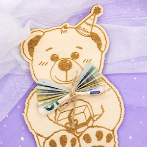 Geschenkidee Bär Geldgeschenk Wunscherfüller Geschenkkarte Glückwunschkarte Holz Grußkarte Geburtstag Taufe Geburt Baby für Kinder Teddy