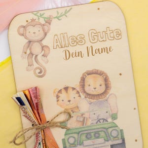Geldgeschenk aus Holz Safari Glückwunschkarte Süße Tiere Zoo Holzkarte Personalisiert Geburtstagskarte Lasergravur Taufe Baby Neugeborene