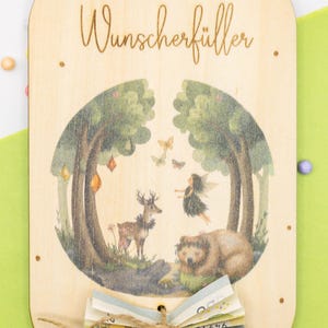 Magischer Wald/Geldgeschenk/Holzkarte/Personalisiert/Wunscherfüller/Holz/Lasergravur/Geburt/Taufe/Baby/Farbig/Glückwunschkarte/Geschenkidee