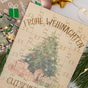 Holzpuzzle/Weihnachtskarte/Gutscheinkarte/Weihnachtsgeschenk/Holz/Lasergravur/Farbdruck/Weihnachten/Puzzle/Weihnachtspuzzle/Gutscheinpuzzle