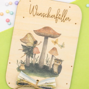 Geschenkidee Geldgeschenk Wunscherfüller Geschenkkarte Glückwunschkarte Holzkarte Farbdruck Personalisierbar Grußkarte Feen Geburt Taufe