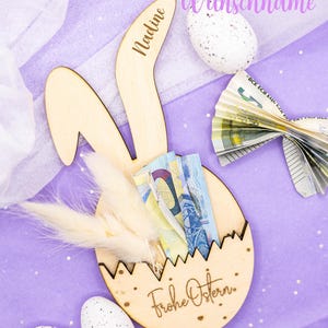 Geldgeschenk für Ostern Geschenkidee Osterkarte Holzkarte Hase Holz Lasergravur Personalisiert Trockenblumen Wunscherfüller Handgefertigt