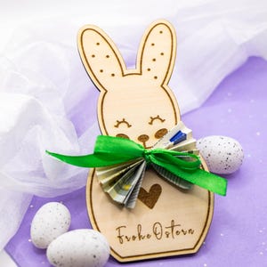 Geldgeschenk für Ostern Geschenkidee Osterkarte Holzkarte Hase Holz Lasergravur Personalisiert Trockenblumen Wunscherfüller Handgefertigt