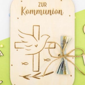 Geschenkidee zur Kommunion Geldgeschenk Kommunionskarte Wunscherfüller Kommunionsgeschenk Holzkarte Personalisierbar Glückwunsch Jugendweihe