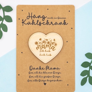Geschenkidee Muttertag Mama Kühlschrankmagnet Holz Personalisiert Lasergravur Handgefertigt Herzform Magnet Karte Aufmerksamkeit Kleinigkeit