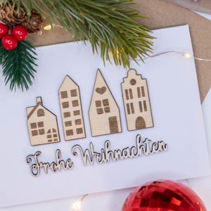 Weihnachtskarte/Personalisierbar/Weihnachtsgeschenk/Weihnachtsdorf/Holz/Lasergravur/Lichthaus/Klappkarte/Grachtenhaus/Geldgeschenk/Geld/Haus