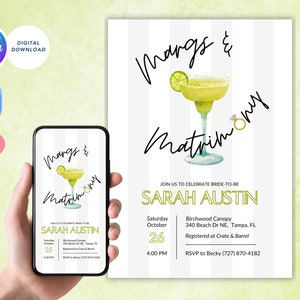 Invitación de despedida de soltera de Margs & Matrimony, diseño de margarita verde lima, estética simple, editable en Canva, imprimible, descarga INSTANTÁNEA