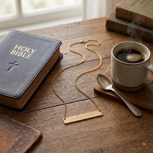 Può includere: Una collana con barra in metallo dorato dotata di una catenina sottile e un ciondolo rettangolare inciso con il testo CO-DEPENDENT ON JESUS, posizionata vicino a una Bibbia nera, una tazza in ceramica con caffè nero e un cucchiaino in metallo.
