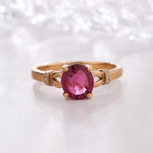 18k oder 14k Massivgold Turmalin Diamantring, Oval geschnittener rosa Turmalinring, Geburtssteinring, Brautring, bestes Geschenk