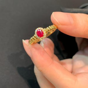 18K Gold Oval Cut Ruby with Surrounding Round Cut Diamonds Ruby Graduation Gift  July Birthstone Ring Gift for Mom Gift for Her