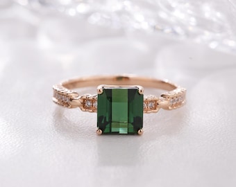 18k Massivgold Grüner Turmalin Diamant Ring: Vintage Art Deco Stil
