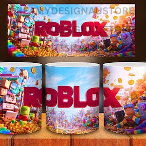May include: Three white ceramic mugs with a colorful Roblox design. The design features the word "ROBLOX" in red, with a background of a vibrant cityscape and characters. The mugs are displayed on a wooden surface.