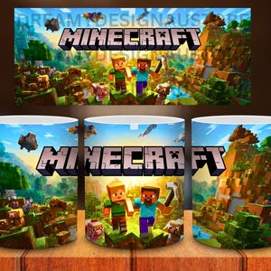 May include: White ceramic coffee mugs featuring a Minecraft design. The mugs display the Minecraft logo and characters in a colorful landscape. The background includes pixelated trees, mountains, and sky. The mugs are set on a wooden surface.