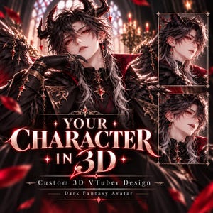 Puede incluir: Una ilustración digital de un personaje de cabello oscuro con cuernos y alas negras, vistiendo un atuendo negro con detalles rojos. El texto dice YOUR CHARACTER IN 3D, Custom 3D VTuber Design y Dark Fantasy Avatar.